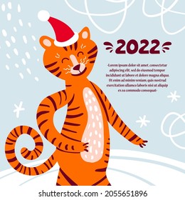 Vector colorful poster happy tiger in a hat. Cartoon background on the theme of Happy New Year, Merry Christmas, winter
