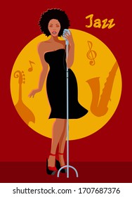 Vector colorful poster with illustration of singer and Hand drawn lettering Jazz.