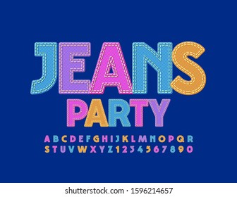 Vector colorful poster Jeans Party. Bright denim Alphabet Letters and Numbers. Textile style Font