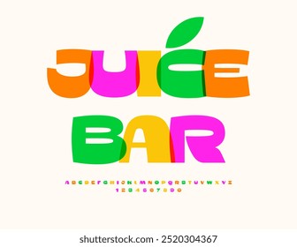 Vector cartel colorido Juice Bar. Fuente con estilo moderno. Conjunto creativo de letras y números del alfabeto brillante.