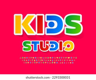 Vector Colorful poster Kids Studio. Creative Sticker Font. Set of bright  Alphabet Letters, Numbers and Symbols