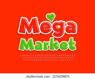 Vector colorful poster Mega Market. Red Glossy Font. Modern Alphabet Letters and Numbers