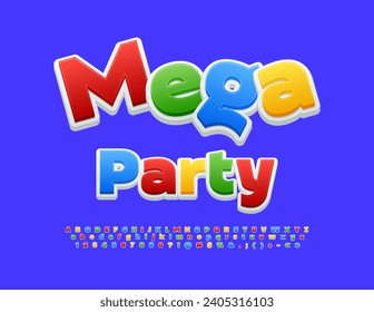 Mega Party de afiches coloridos vectores con fuentes brillantes. Conjunto de letras y números de alfabeto creativo moderno