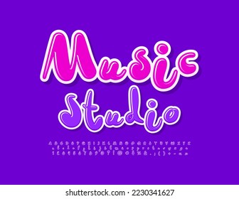 Vector colorful poster Music Studio. Violet Playful Font. Glossy handwritten Alphabet Letters, Numbers and Symbols set