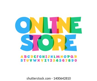 Vector colorful poster Online Store. Creative transparent Font. Bright Alphabet Letters, Numbers and Symbols 