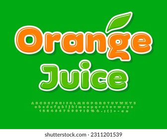 Cartel de colores vectoriales de Jugo Naranja. Tipo de letra verde. Letra alfabética artística, números y símbolos.