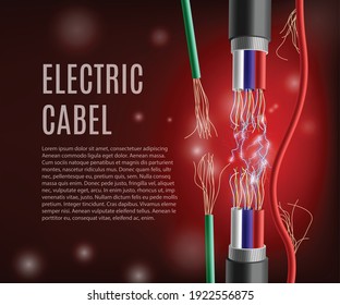 Vector colorful poster with realistic power cable in color insulation with electric sparks and glowing lightning. Short circuit, electricity passing between break of copper wires