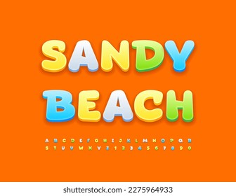 Vector colorful Poster Sandy Beach. Bright Creative Font. Modern Alphabet Letters, Numbers and Symbols set