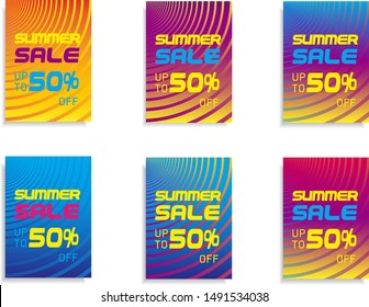 Vector colorful poster set with 50% Summer sale off discount. Text and summer elements on colorful backgrounds for store marketing promotion. Vector illustration.