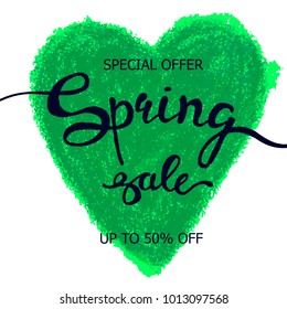 Vector colorful poster Spring heart, crayon scribble texture background. Illustration can be used as card, flyer, banner
