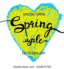 Vector colorful poster Spring heart, crayon scribble texture background. Illustration can be used as card, flyer, banner