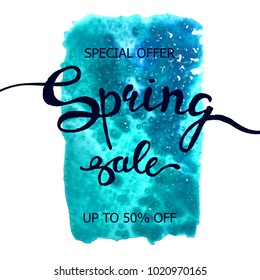 Vector colorful poster Spring sale with abstract watercolor texture background. Illustration can be used as card, flyer, banner