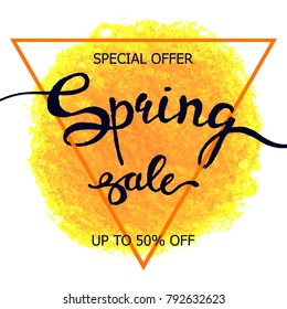 Vector colorful poster Spring sale with triangular frame, crayon scribble texture background. Illustration can be used as card, flyer, banner