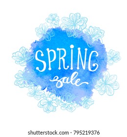 Vector colorful poster Spring sale with circlet wreath frame, watercolor texture and floral background. Illustration can be used as card, flyer, banner