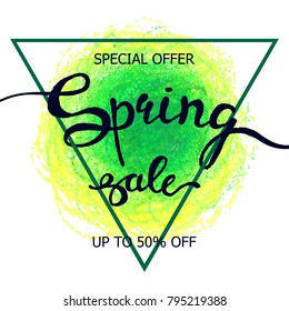 Vector colorful poster Spring sale with triangular frame, crayon scribble texture background. Illustration can be used as card, flyer, banner