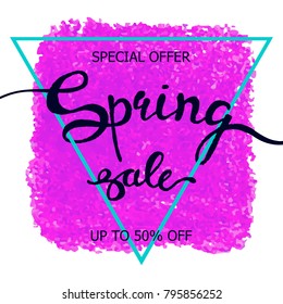 Vector colorful poster Spring sale with triangular frame, crayon scribble texture background. Illustration can be used as card, flyer, banner
