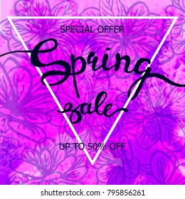 Vector colorful poster Spring sale with triangular frame, watercolor texture and floral background. Illustration can be used as card, flyer, banner