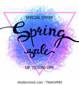 Vector colorful poster Spring sale with triangular frame, crayon scribble texture background. Illustration can be used as card, flyer, banner