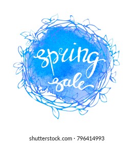 Vector colorful poster Spring sale with circlet wreath frame, watercolor texture and floral background. Illustration can be used as card, flyer, banner