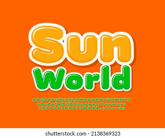 Vector colorful Poster Sun World. Creative Green Font. Artistic Alphabet Letters and Numbers set