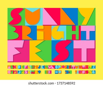 Cartel de colores del vector Sunny Bright Fest. Resumen de fuente creativa. Letras y números de alfabetos de arte decorativo