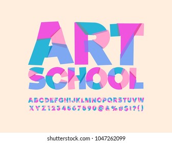 Vector Colorful poster with text Art  School. Cute bright Font. Artistic abstract mosaic Alphabet Letters, Numbers and Symbols