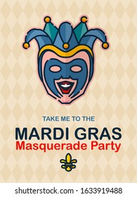 Vector colorful poster to traditional carnival Mardi Gras in New Orleans with mask, harlequin, fireworks, lights, and parade