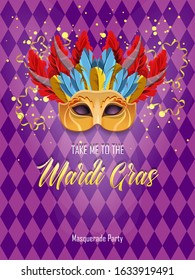 Vector colorful poster to traditional carnival Mardi Gras in New Orleans with mask, harlequin, fireworks, lights, and parade