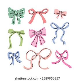 Vector colorful preppy Bow knots, gift bows collection. Hand drawn coquette bow design set isolated on white background. Wedding celebration, holiday, party decoration, gift, present concept. 