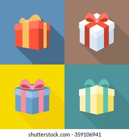 Vector Colorful Present Box Icons Set, Flat Design With Long Shadow