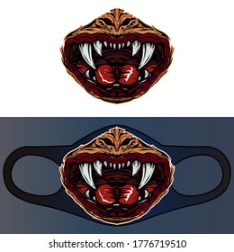 Vector colorful print design concept on reusable face protection masks. Angry skull mouth fangs tongue art. Protect during coronavirus covid quarantine. Color illustration isolated on white background