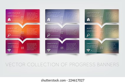 Vector colorful progress banners collection with bright vibrant blurry backgrounds