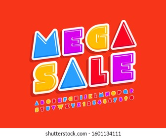 Afiche Mega Sale con promo colorido del vector. Tipo de letra superior girado. Letras y números de alfabeto luminosos