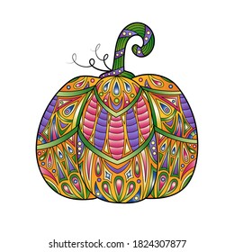Ilustración de calabaza colorida del vector. Hortalizas de otoño aisladas con adornos decorativos. Símbolo de Halloween con ornamentos geométricos