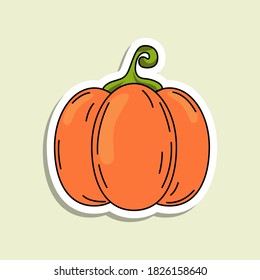 Vector colorful pumpkin sticker. Isolated autumn vegetable with lines and highlights. Halloween symbol on the light green background