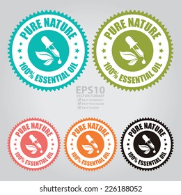 Vector : Colorful Pure Nature 100% Essential Oil Icon, Sticker, Badge Or Label