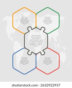 Vector colorful puzzle diagram infographic process on 5 parts, options or processes. Template time line for diagram, graph, presentation and chart. Five steps hexagon jigsaw for business, flow concept