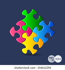 Vector colorful puzzle pieces joined together on blue