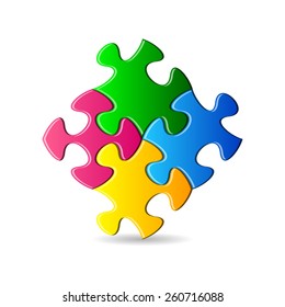 Vector colorful puzzle pieces joined together on white 