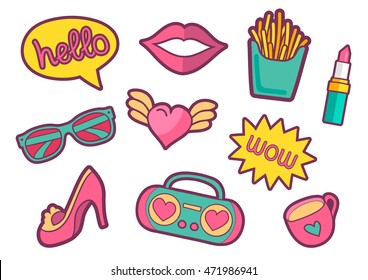 Vector colorful quirky patches collection. Pin trendy decoration labels for denim and textile. Fashion stickers illustration. Vintage hippie style badges set.