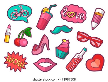 Vector colorful quirky patches collection. Pin trendy decoration labels for denim and textile. Fashion stickers illustration. Vintage hippie style badges set.