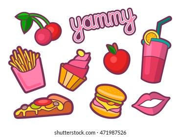 Vector colorful quirky patches collection. Pin trendy decoration labels for denim and textile. Fashion stickers illustration. Vintage hippie style badges set.