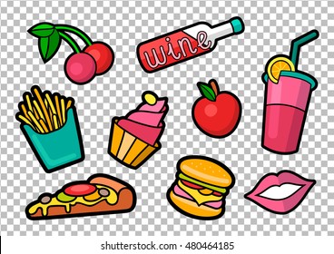 Vector colorful quirky patches collection. Pin trendy decorative labels. Vintage hippie style badges set.