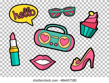 Vector colorful quirky patches collection. Pin trendy decorative labels. Vintage hippie style badges set.