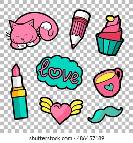 Vector colorful quirky patches collection. Pin trendy decorative labels. Vintage hippie style badges set.