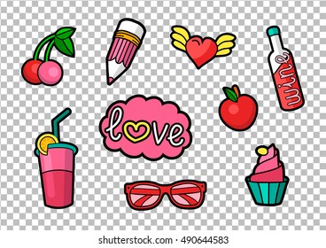 Vector colorful quirky patches collection. Pin trendy decorative labels. Vintage hippie style badges set.