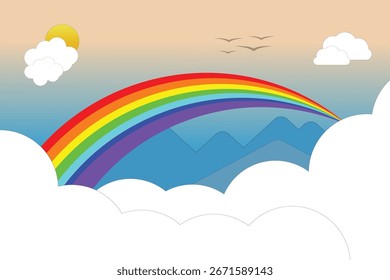 A Vector colorful rainbow arches over mountain peaks, with fluffy clouds and a bright sun in a serene sky. This vector illustration captures a peaceful outdoor scene.