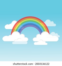 Vector colorful rainbow with clouds illustrations. Isolated rainbow and clouds design elements in blue sky. Vector flat illustration. Can be used as background or for design elements.