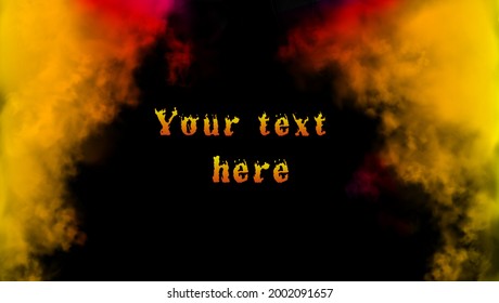 Vector colorful rainbow color clouds. Red, yellow, orange, pink smoke background with empty place amidst. Dark template for your text, advertising, invitation, poster, mockup or another information. 