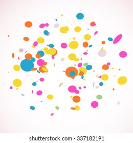 Vector colorful rainbow confetti on white background with space for your text. Unusual greeting card with multicolored confetti.